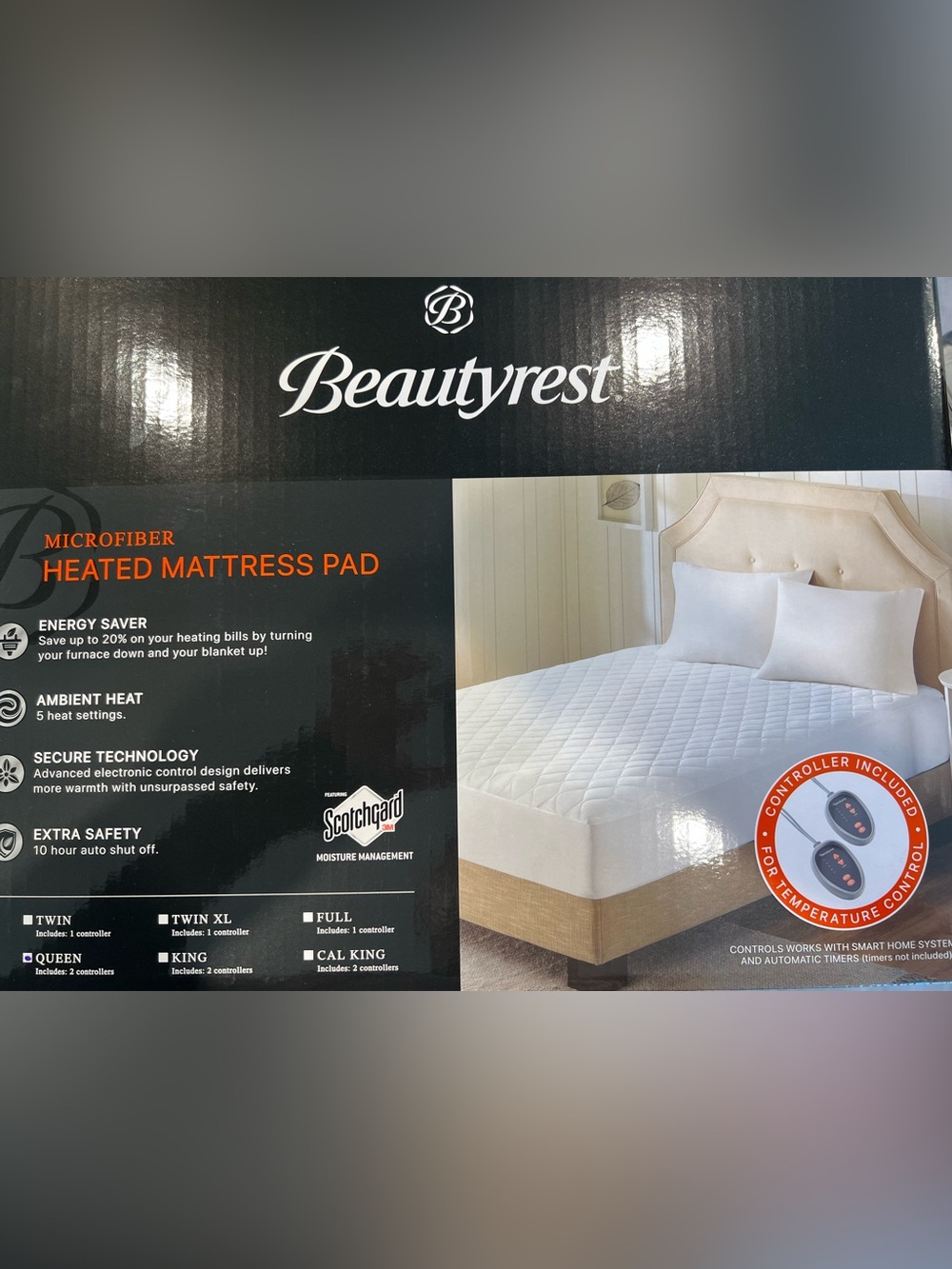 Beautyrest 3M Scotchgard Heated Mattress Pad - Electric Bed Queen, White
